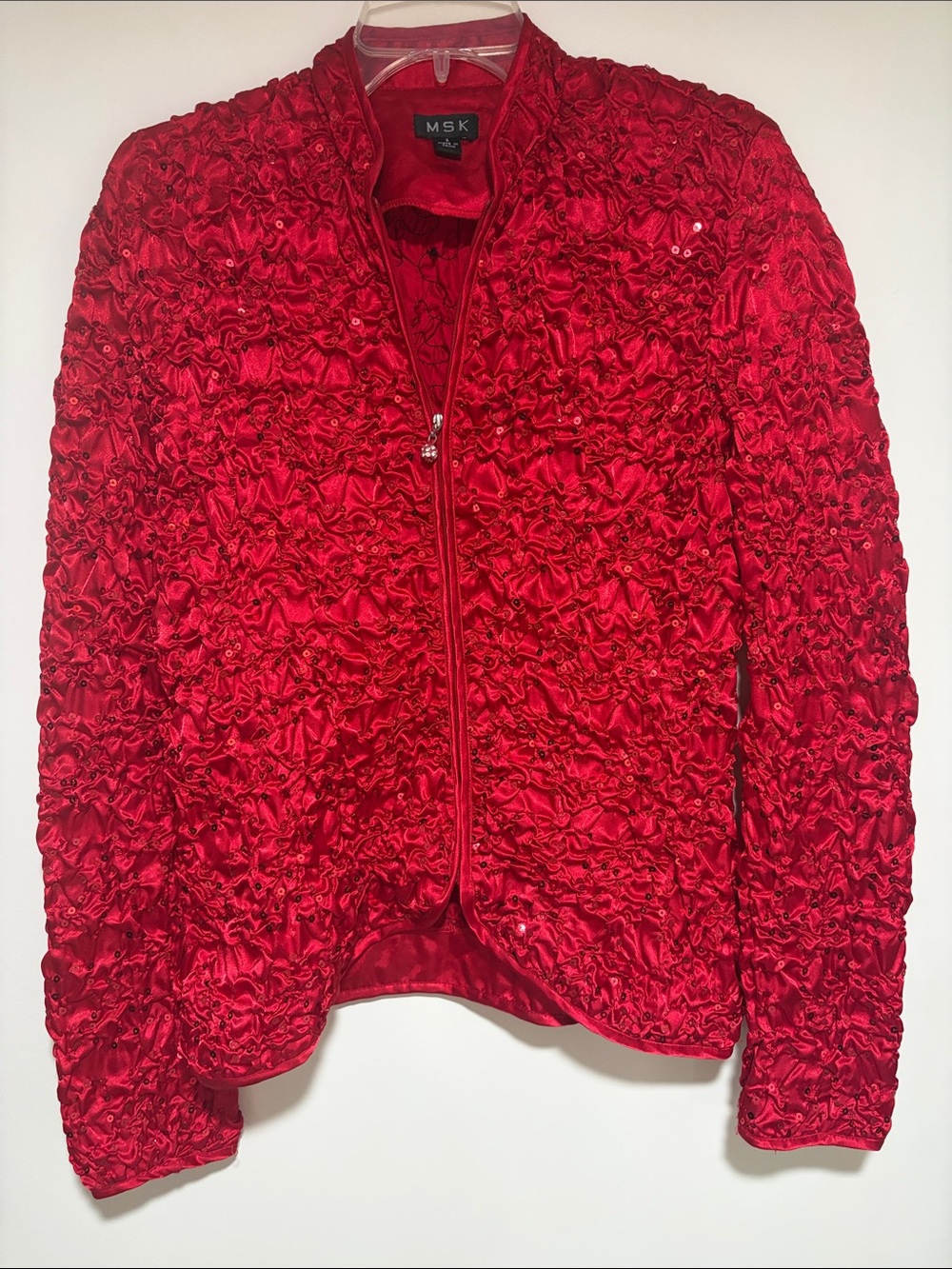 MSK Red Ruffled Satin Zip Jacket